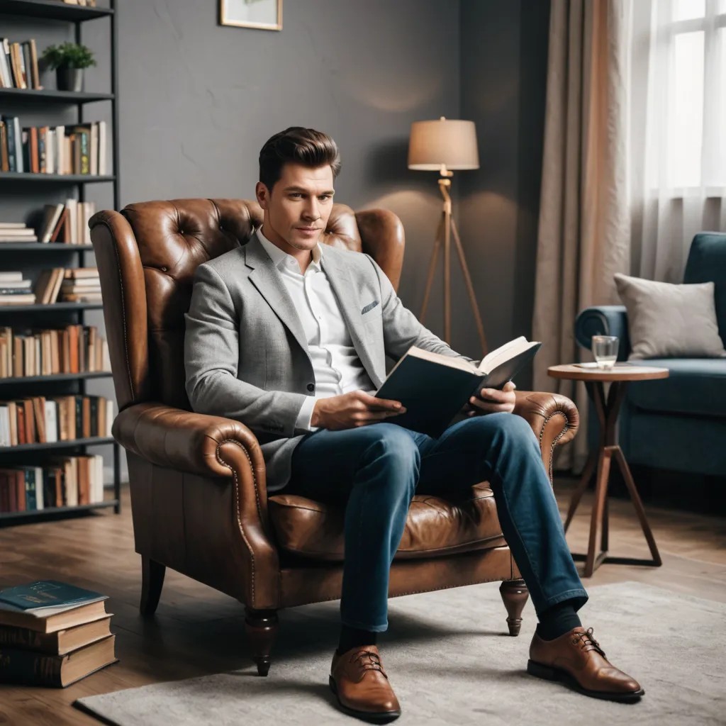 He is sitting in an armchair and reading a book Photo Style