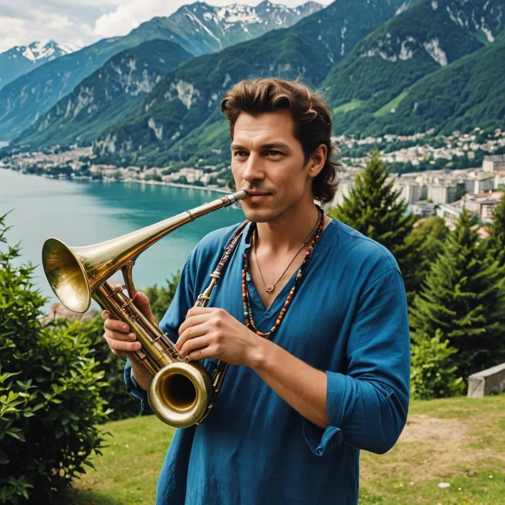 Hippie in Montreux, Switzerland Playing Alpine Horn Photo Style