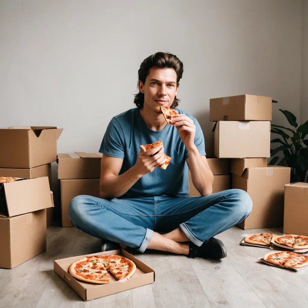 Hippie Sitting on Floor Eating Pizza with Empty Pizza Boxes Everywhere Photo Style