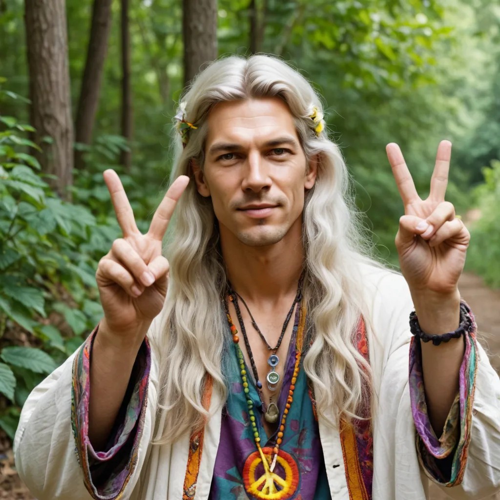 Converted Hippie with Long White Hair Giving the Peace Sign image