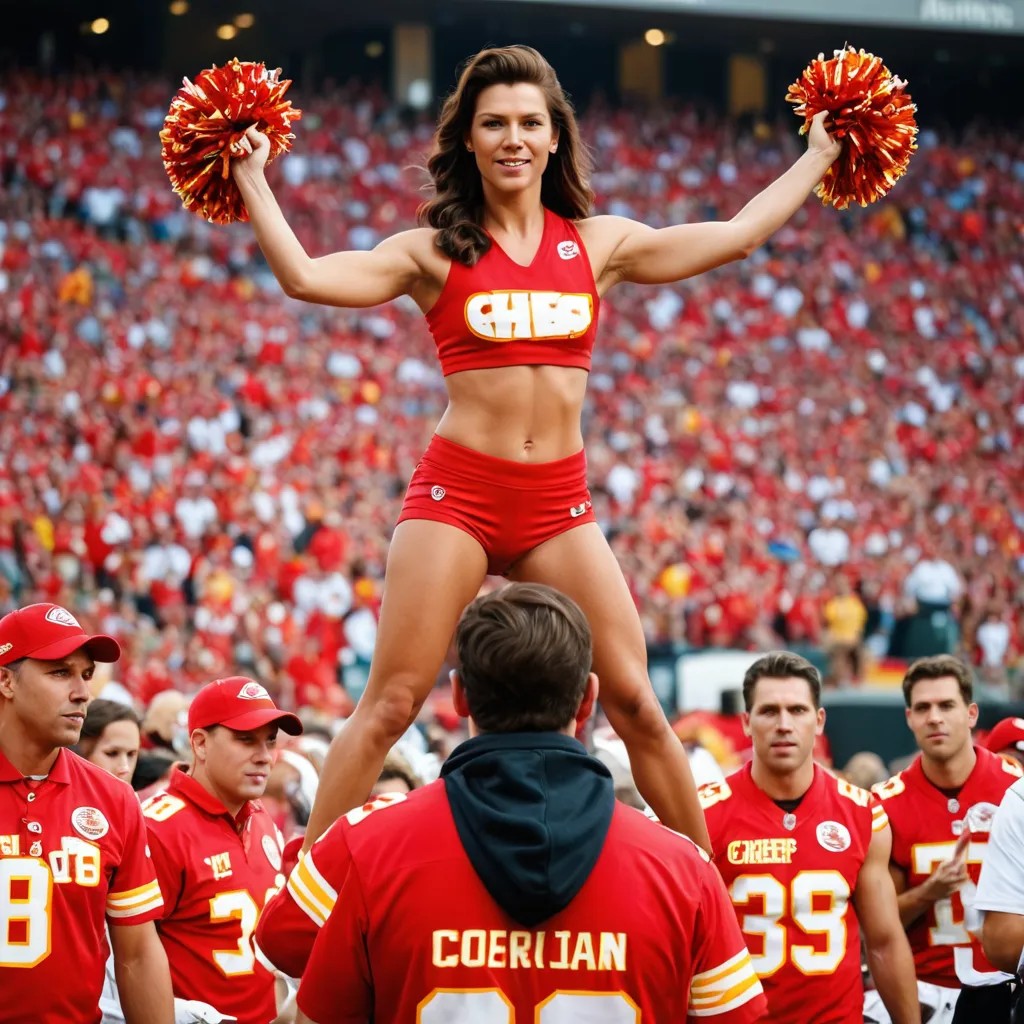 Kansas City Chiefs Cheerleader Standing on a Man’s Shoulders Photo Style
