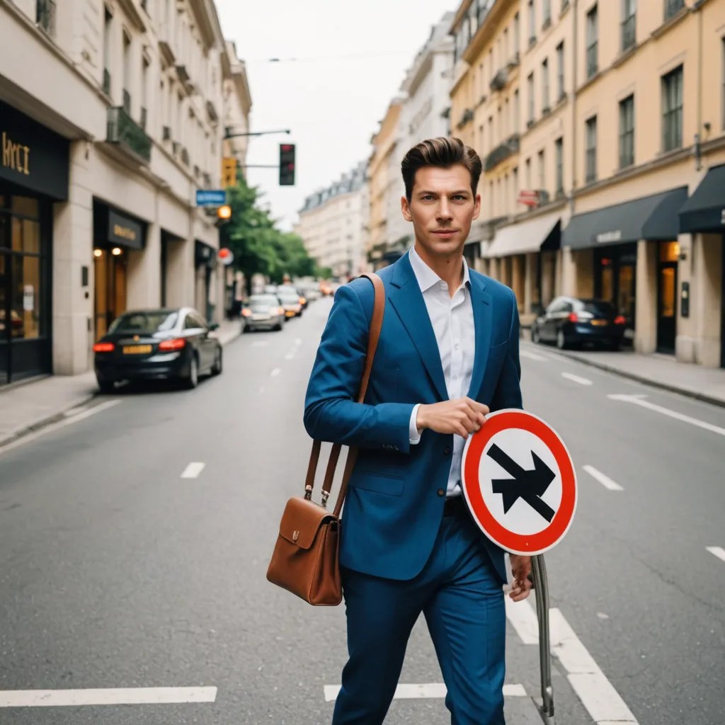 Lady Leaving Hotel and No Left Turn Sign Photo Style