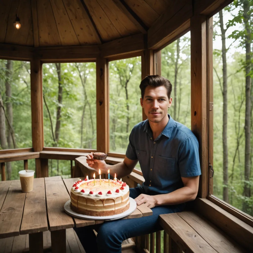 Looking Out the Window of a Tree House with a Birthday Cake Photo Style