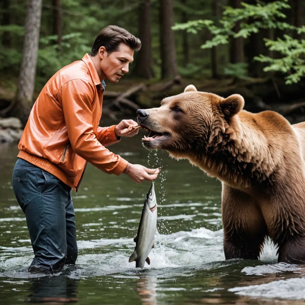 Man Feeding a Brown Bear a Salmon Photo Style