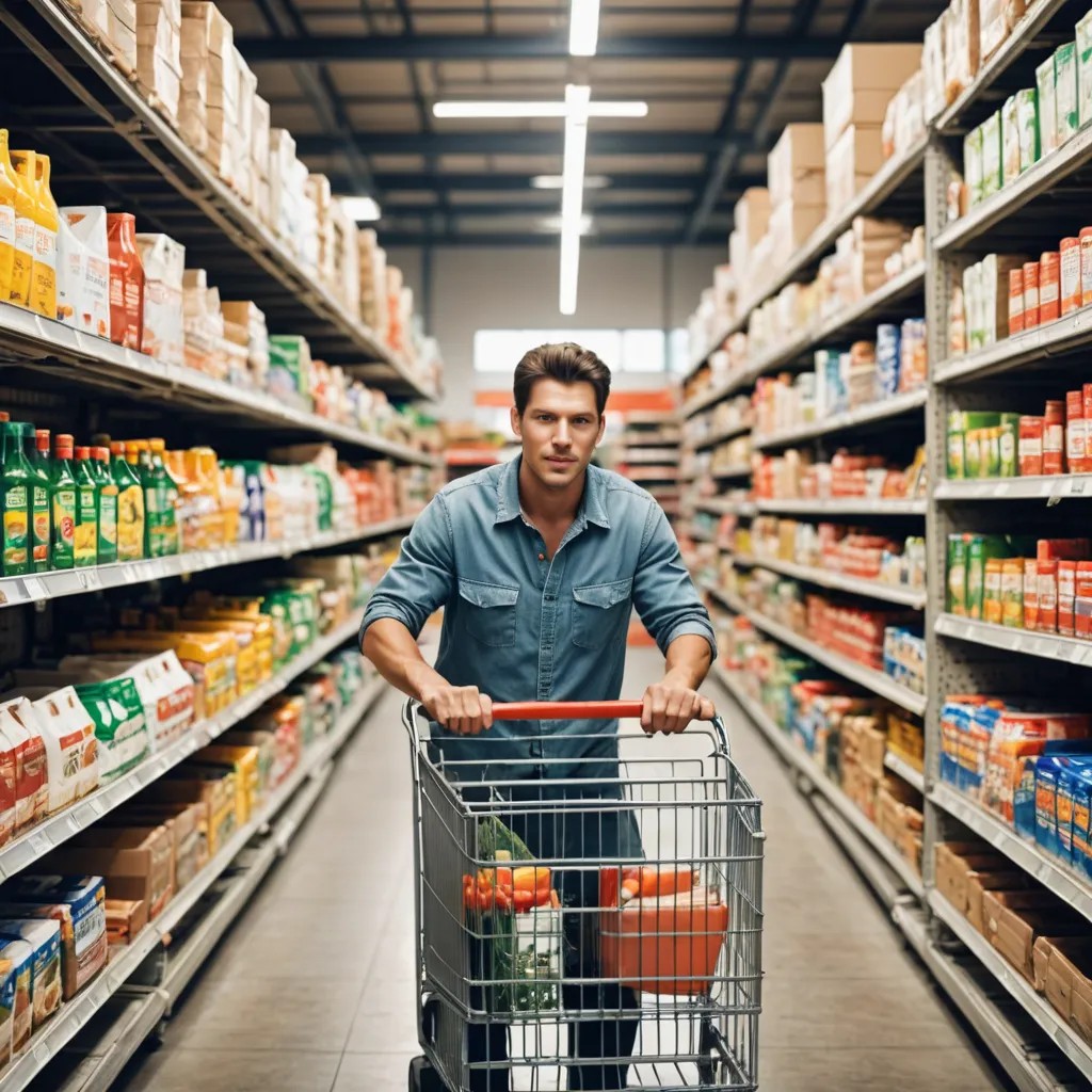 Man pushing grocery cart in a hardware store full of concrete bricks Photo Style