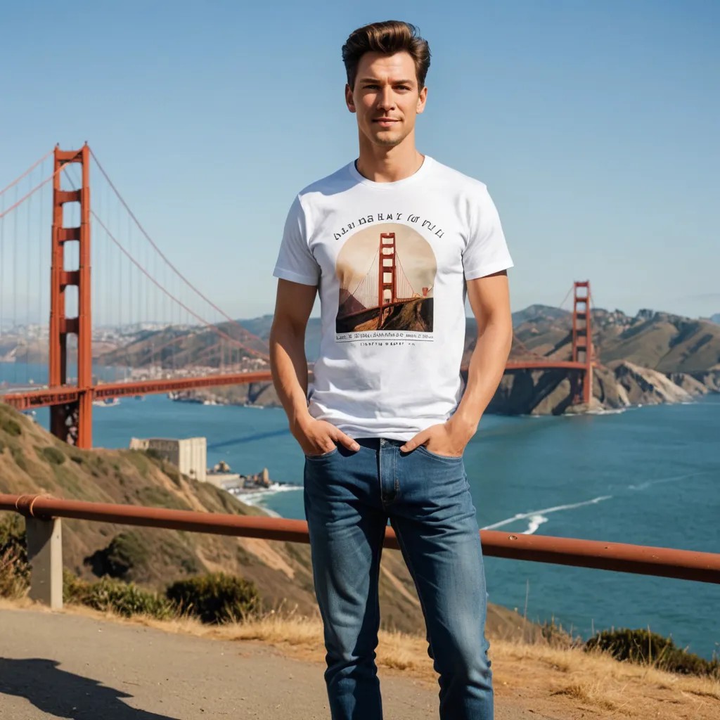 Old Woman Jeans, T-Shirt, Golden Gate Photo Style