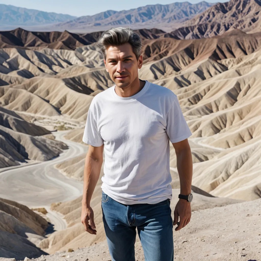 Old Woman, Jeans, T-Shirt, Grey Hair, Death Valley, Zabriskie Point Photo Style