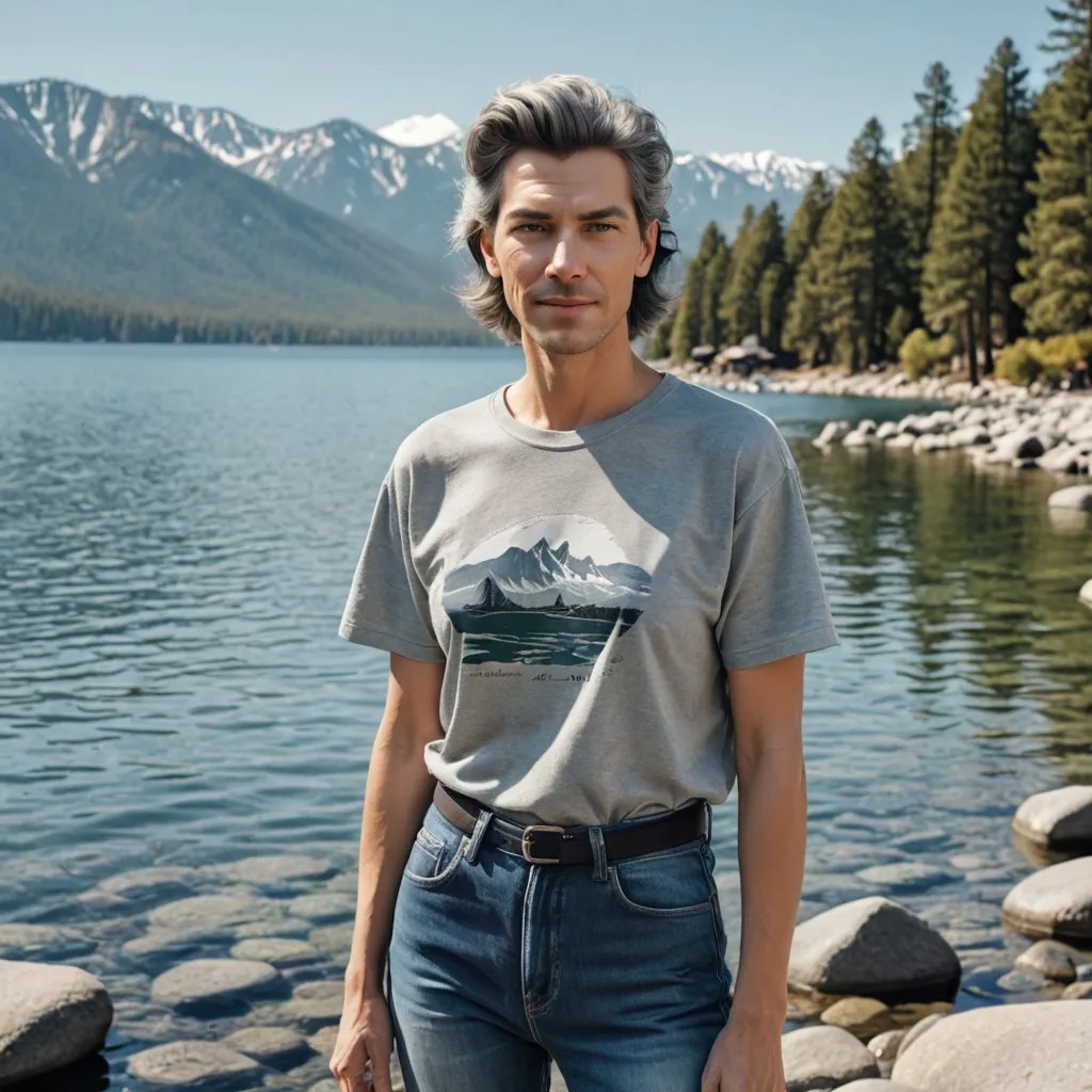 Converted Old Woman, Jeans, T-shirt, Grey Hair, Lake Tahoe AI Image Filter image