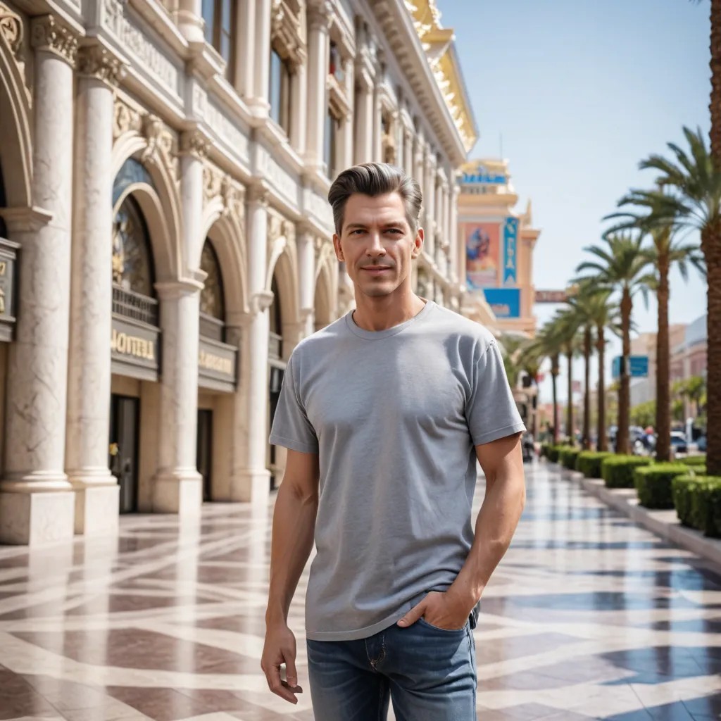 Old Woman, Jeans, T-Shirt, Grey Hair, Outside Venetian Hotel Las Vegas Photo Style