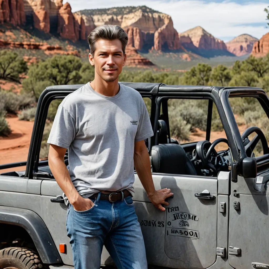 Old Woman, Jeans, T-Shirt, Grey Hair, Sedona, Off Road Jeep Photo Style