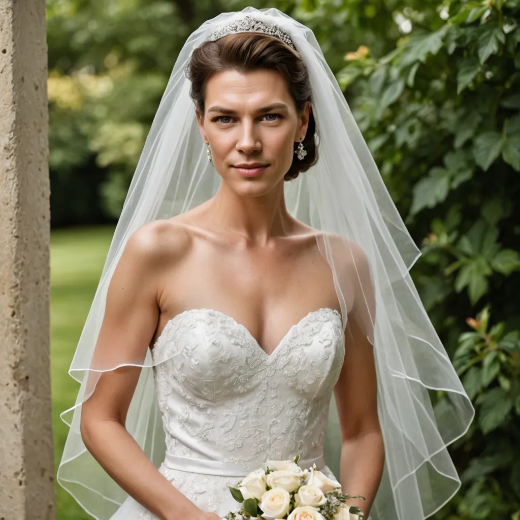 Older Looking Beautiful Woman in Short Wedding Dress with a Veil Photo Style