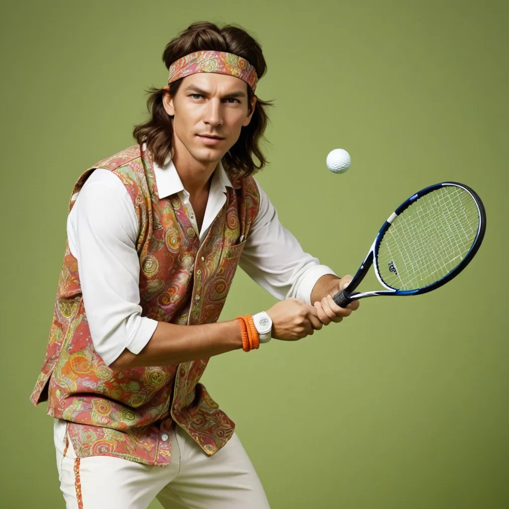 Putting a Golf Ball with a Tennis Racket Wearing Hippie Clothes Photo Style