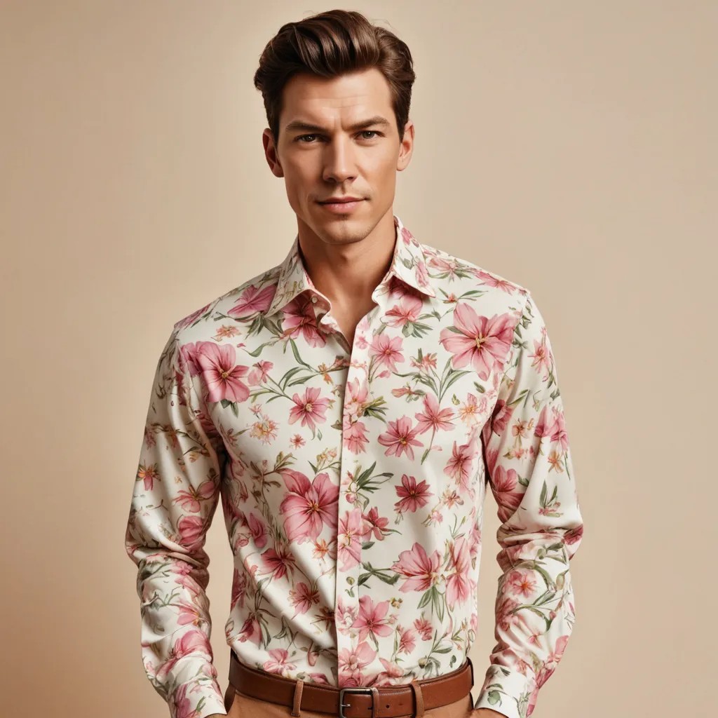 Rose and Lily on Cream Floral Print, Men Long Sleeve Shirt, Portrait, No Tie Photo Style