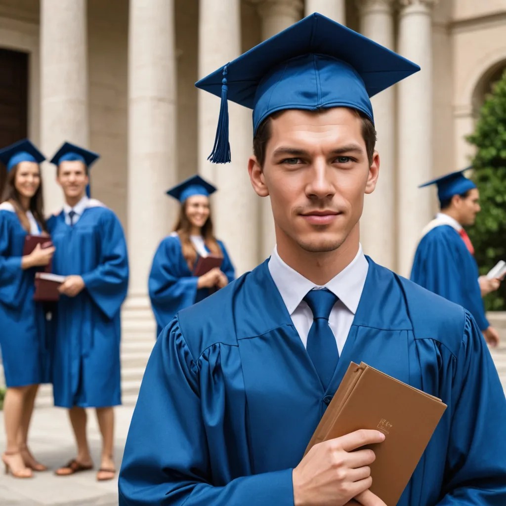 Wearing Toga on Graduation Day with Blue Suit and Tie Photo Style