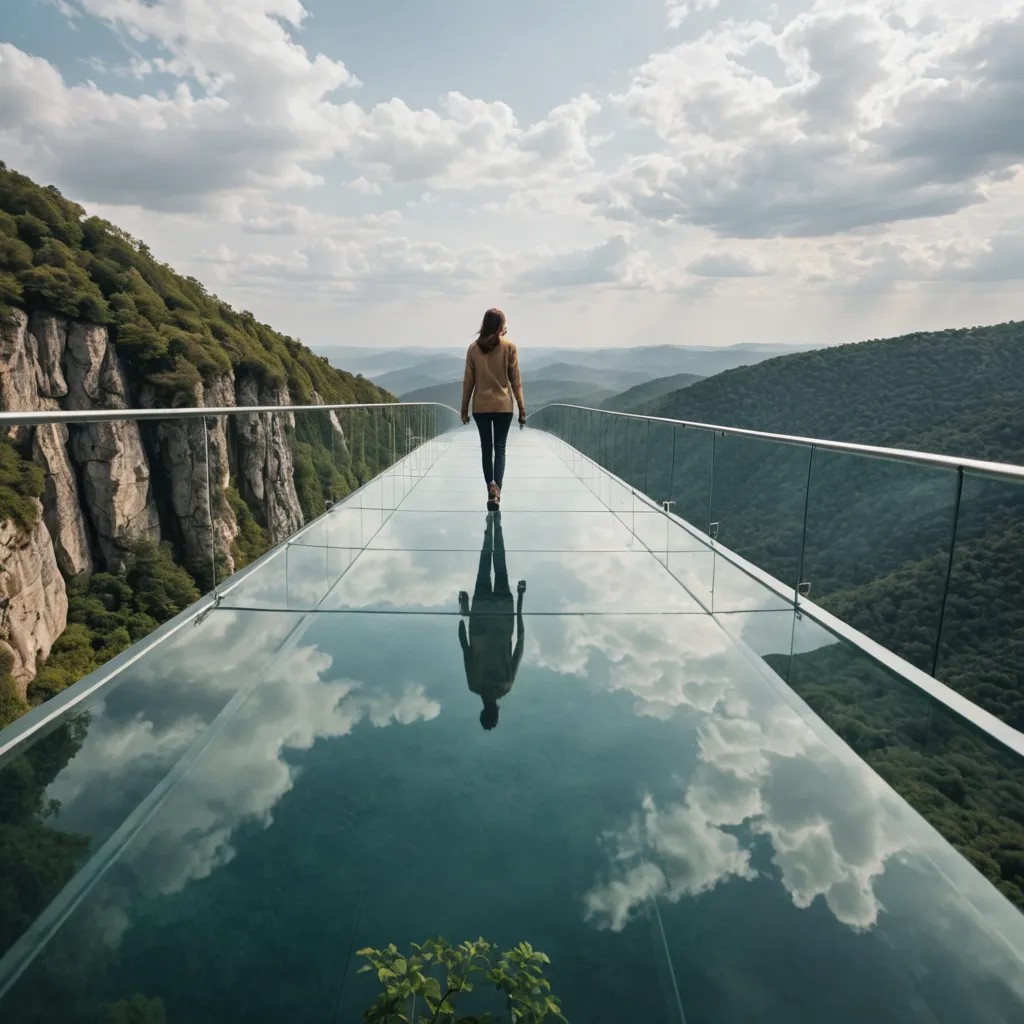 A Lady Walking on a Glass Bridge Over a Precipice Photo Style