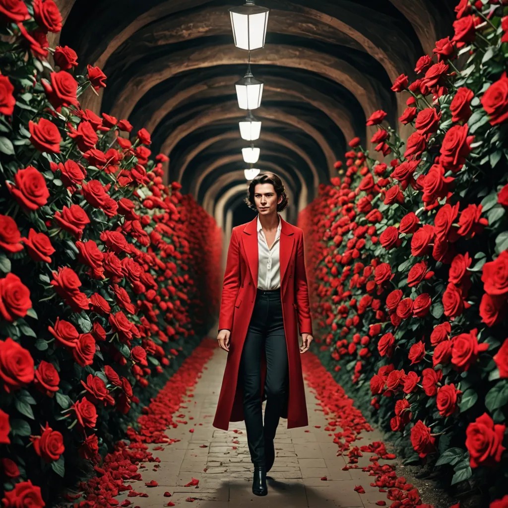A Lady Walking Through a Tunnel of Red Roses Photo Style