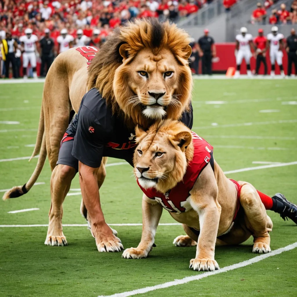 A Lion Standing Over a Tampa Bay Bucs Football Player on a Football Field Photo Style