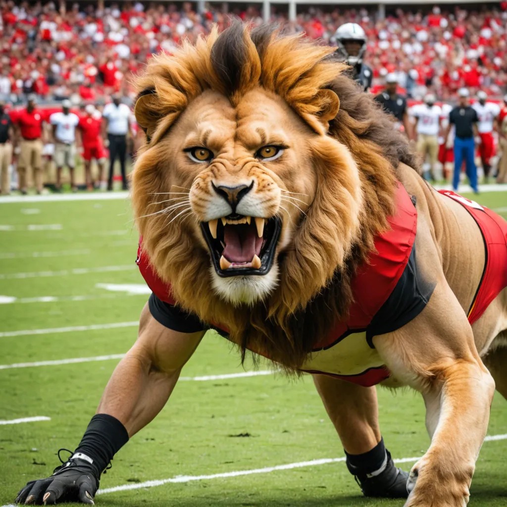 A Lion with a Tampa Bay Bucs Football Player in Its Mouth on a Football Field Photo Style