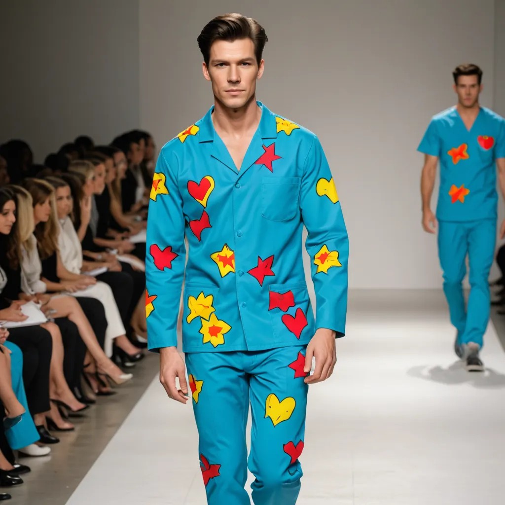 Andy Warhol Inspired, Comic Book Superhero Wearing Medical Scrubs Walking in a Fashion Show Photo Style