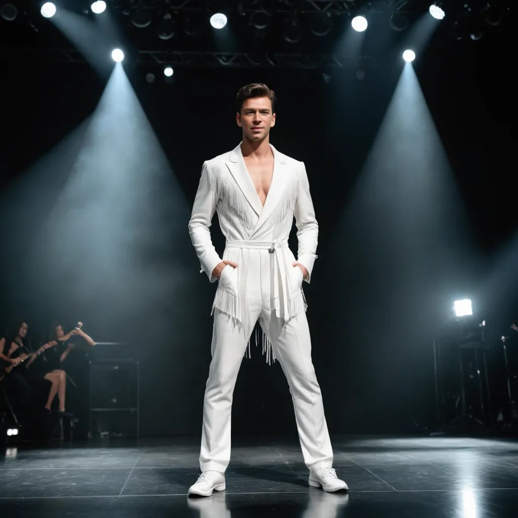 Dressed in White Fringe Jumpsuit Standing on Stage Photo Style
