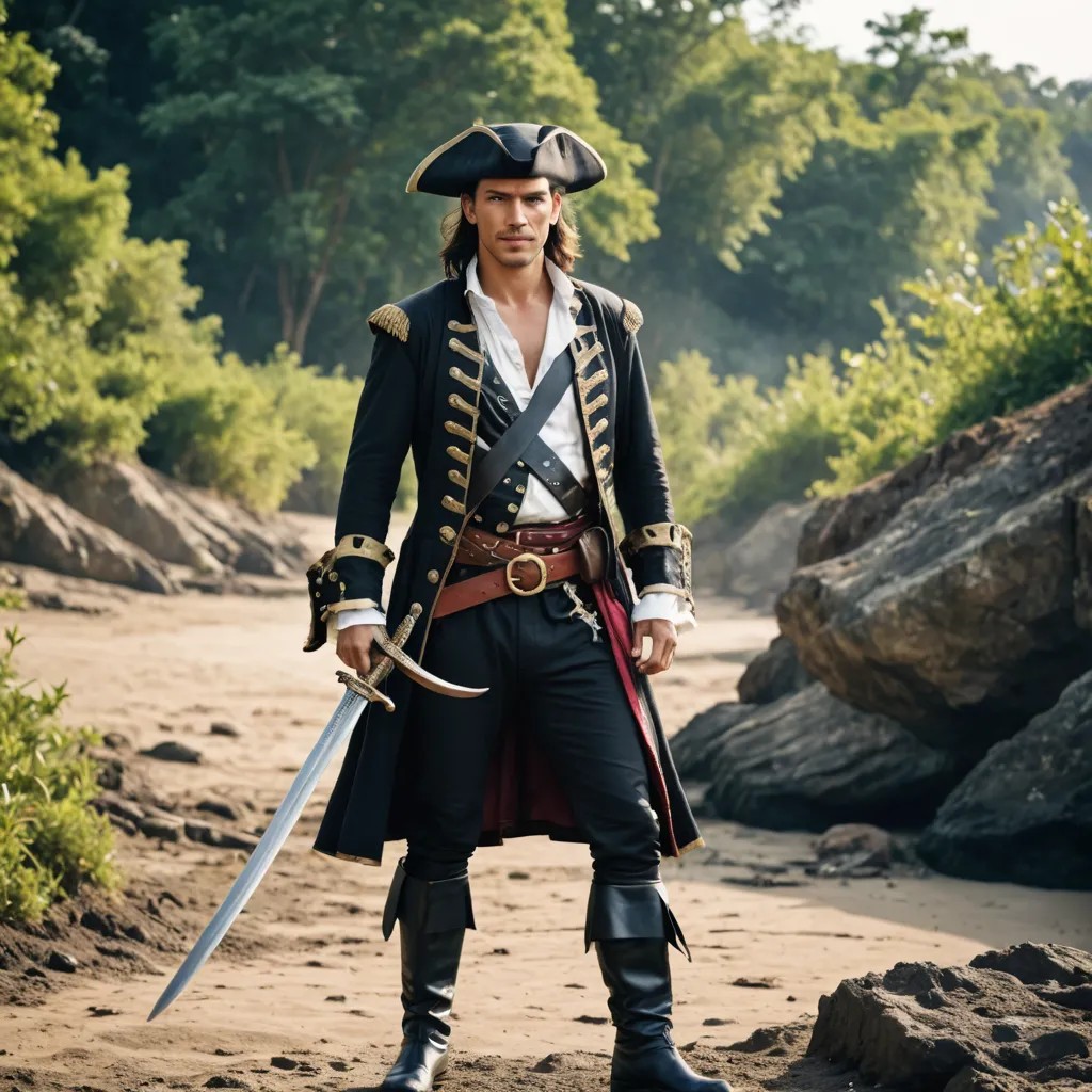 Fancy Pirate with Sword, Full Costume, Standing on Land Photo Style