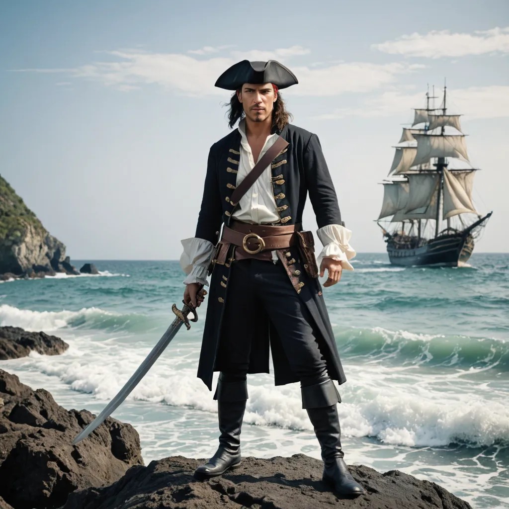 Converted Full Costume Pirate, Standing on Land, with Sword, Ocean and Ship in Background image