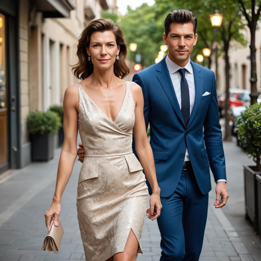 Handsome Man 55 Taking 55-Year-Old Woman to Dinner in a Beautiful Cocktail Dress Photo Style