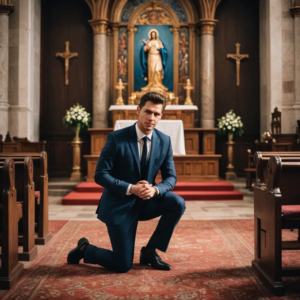 Converted He Kneels in Front of the Altar in Church image
