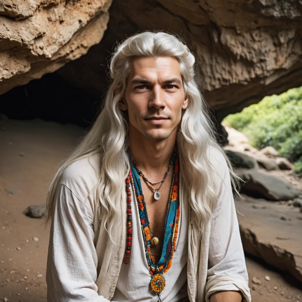 Hippie with Long White Hair Living in a Cave Photo Style