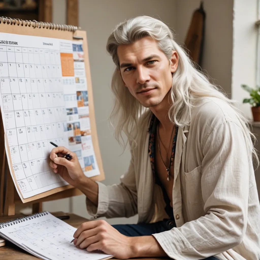 Hippie with Long White Hair Looking at a Calendar Book Photo Style