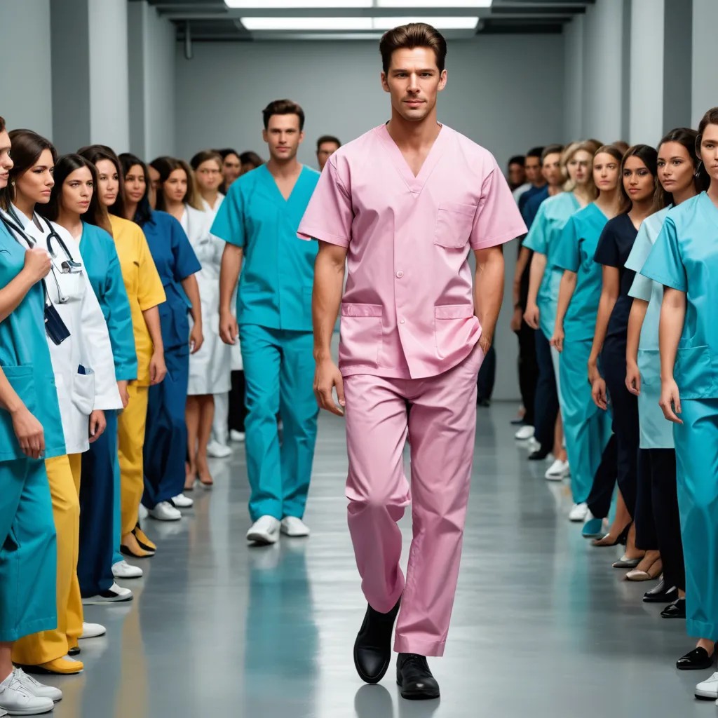 Hyper-Realistic Oil Painting Pop Art Walking in a Fashion Show Wearing Medical Scrubs Photo Style