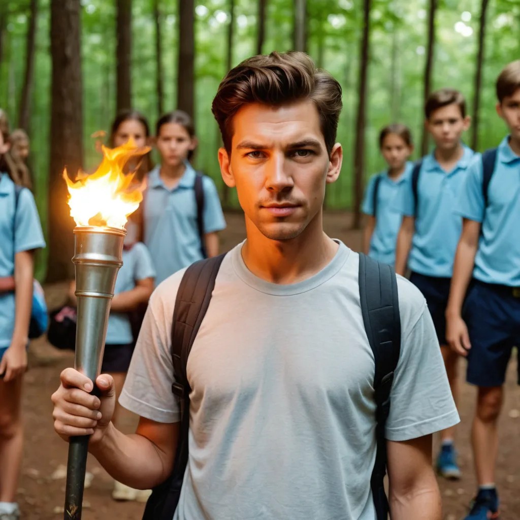 Kids at School Camp Holding a Torch, Looking Worried Photo Style