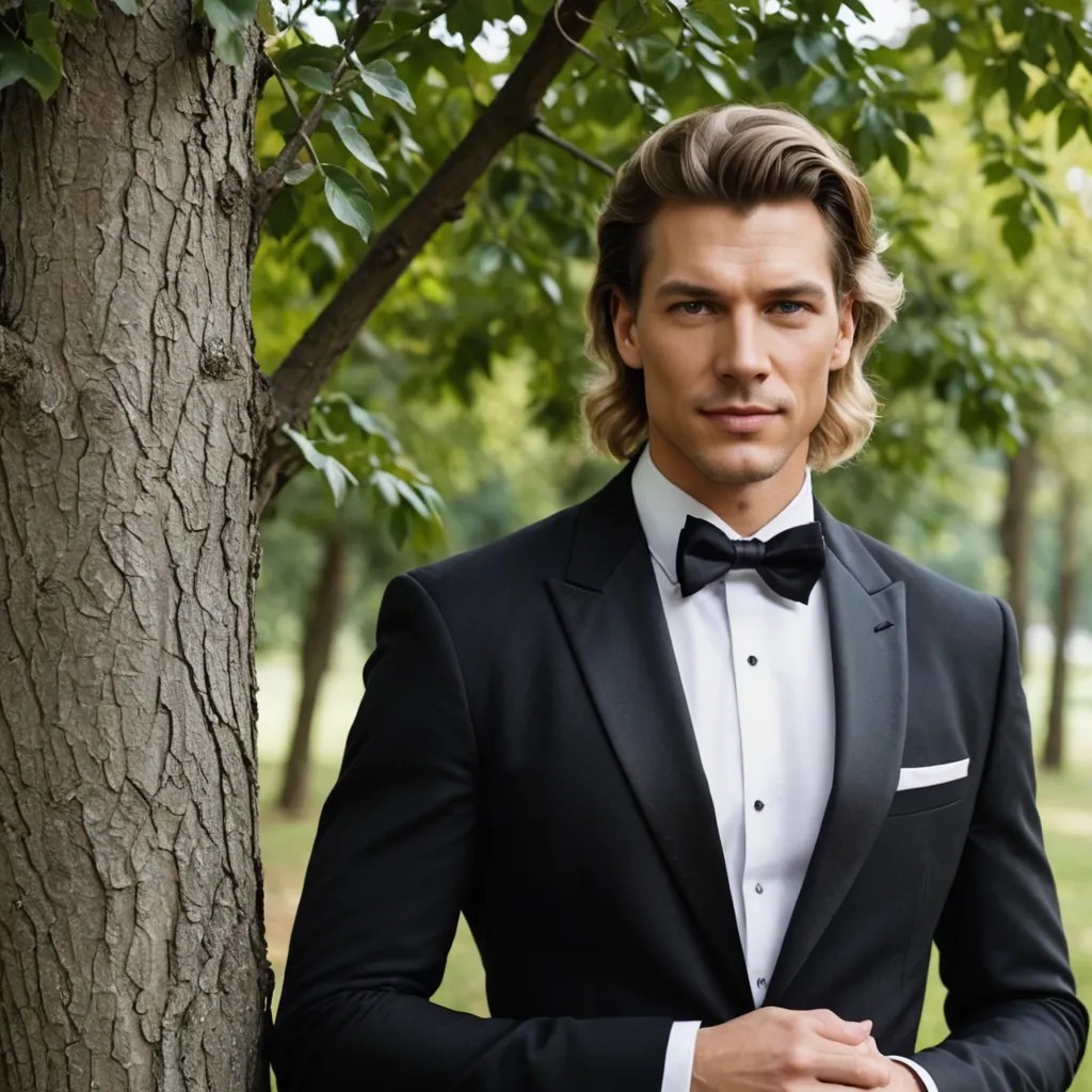 Long Wavy Blonde Hair in a Black Tuxedo Leaning on a Tree Photo Style