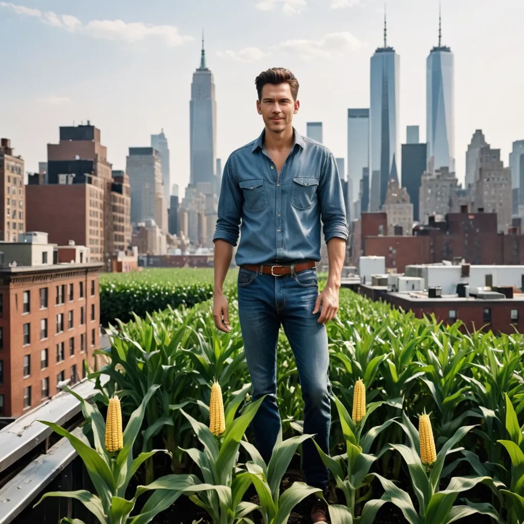 Man Growing Corn on Roof of New York City Building Photo Style