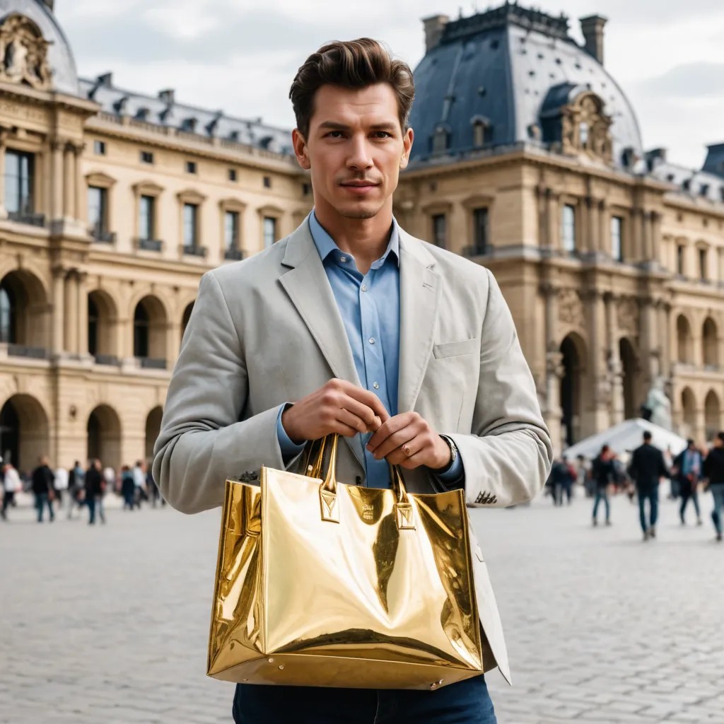 Man Holding Bag of Gold Jewelry in Front of the Louvre Photo Style