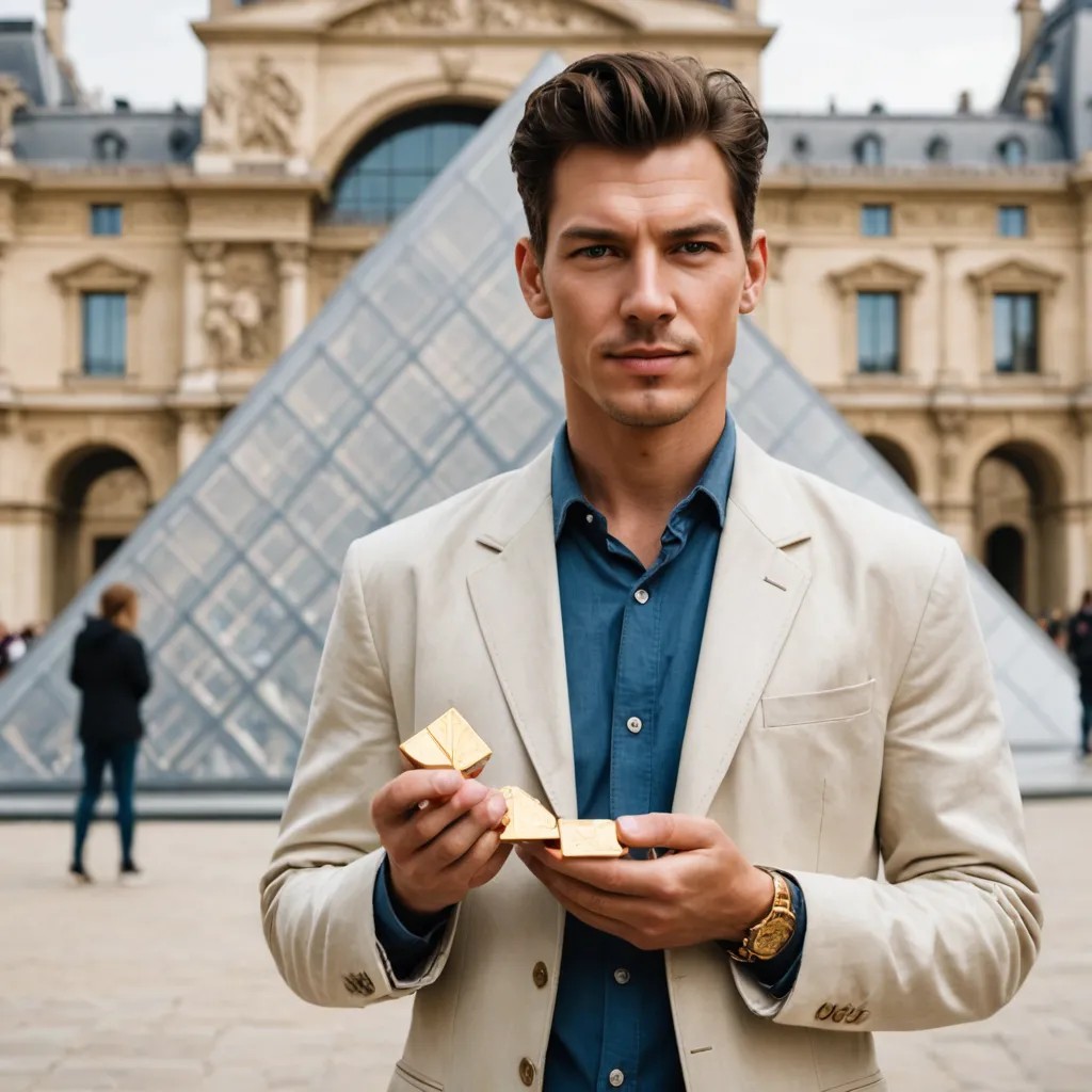 Man Holding Gold Jewelry in Front of the Louvre Photo Style