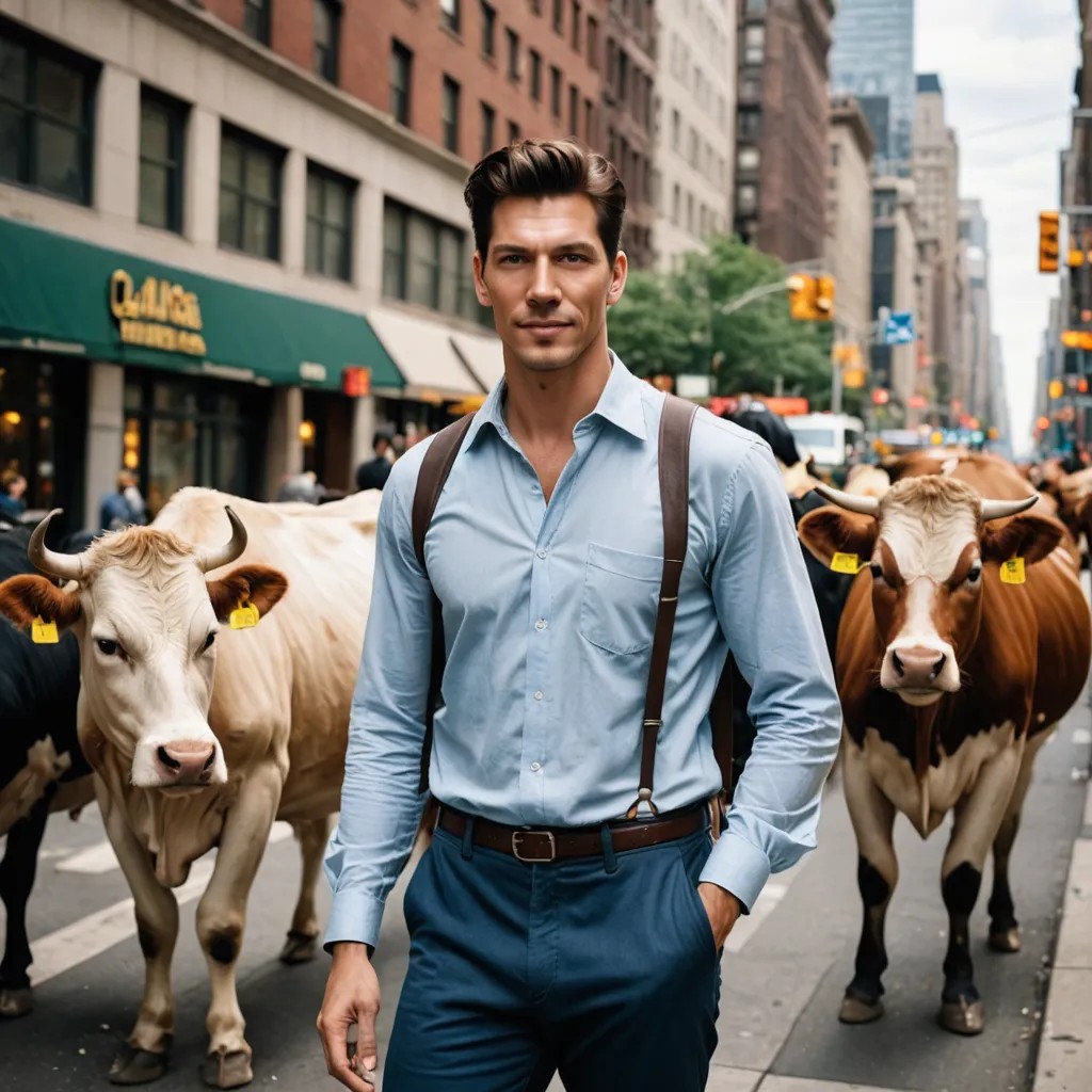 Man with Cows in New York City Photo Style