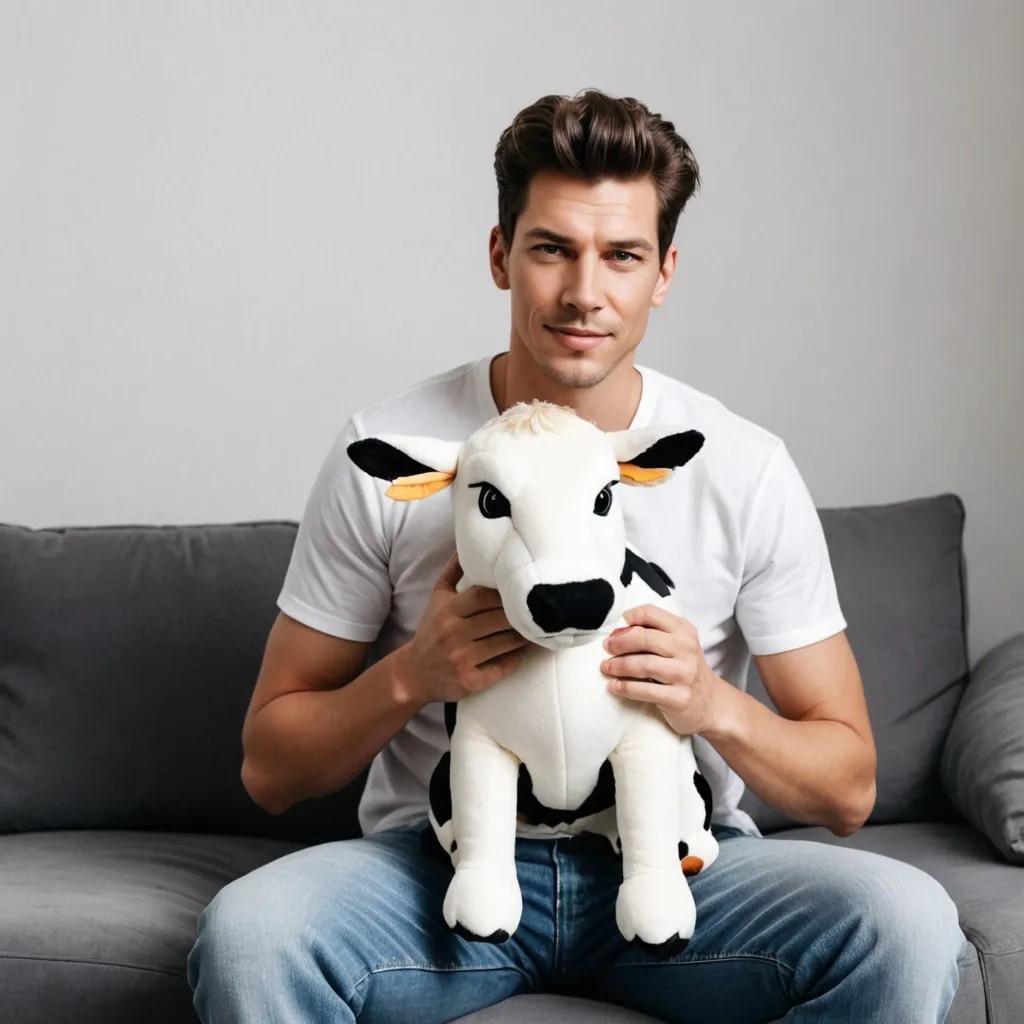 Man with Plush Cow Toy Photo Style