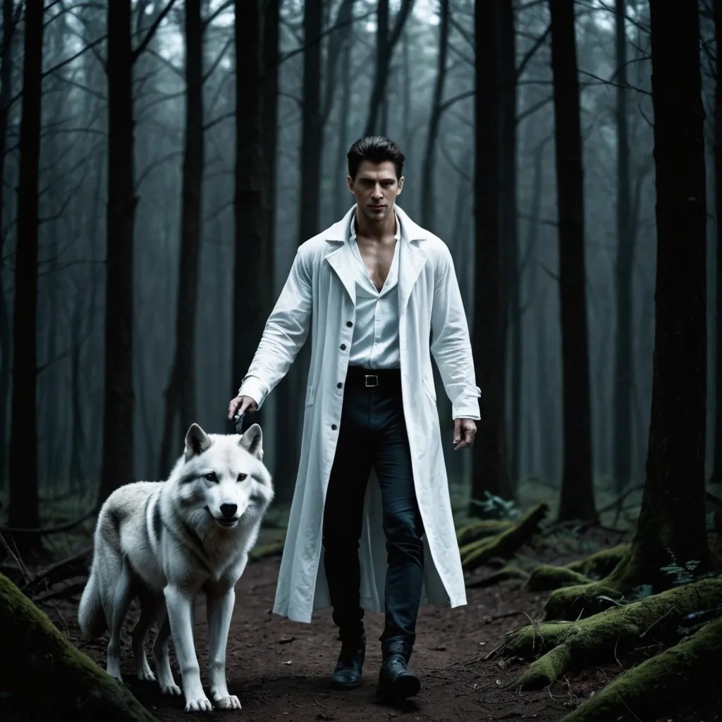 One Sorcerer in White Walking in Dark Forest with a Wolf Photo Style