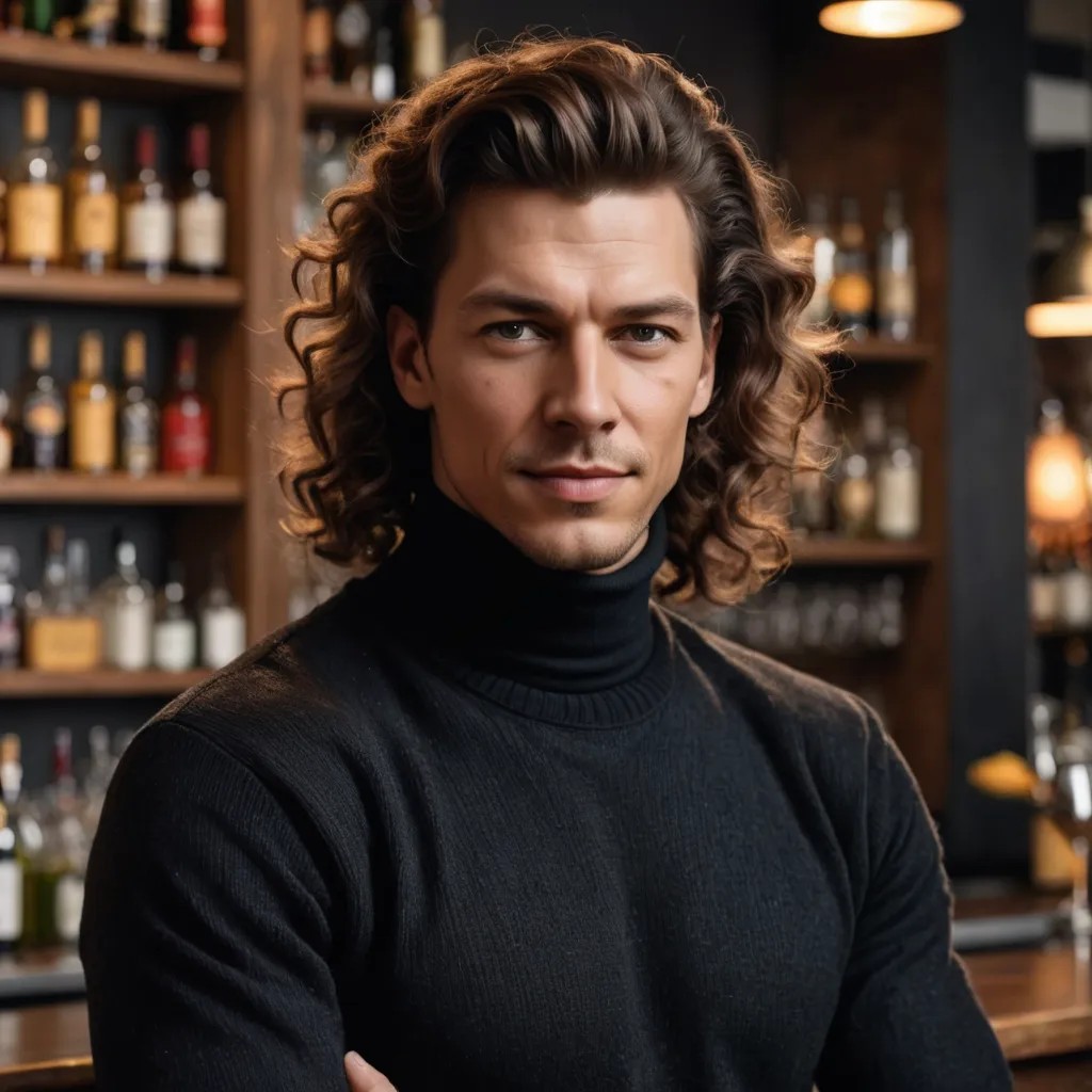 Realistic Color Bartender in Black Turtleneck Sweater and Long Curly Hair Photo Style