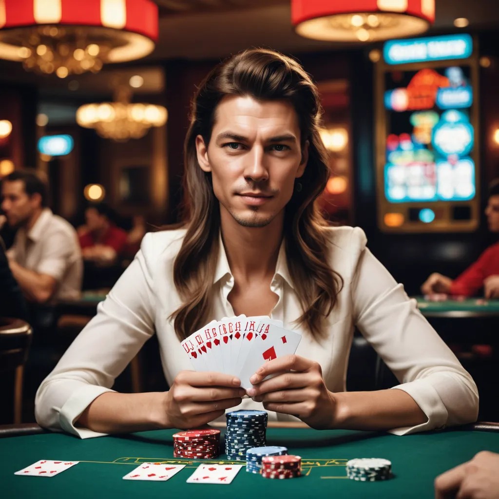 Sitting at a Table Playing Poker in a Casino Peeking Out from Behind Her Cards Photo Style