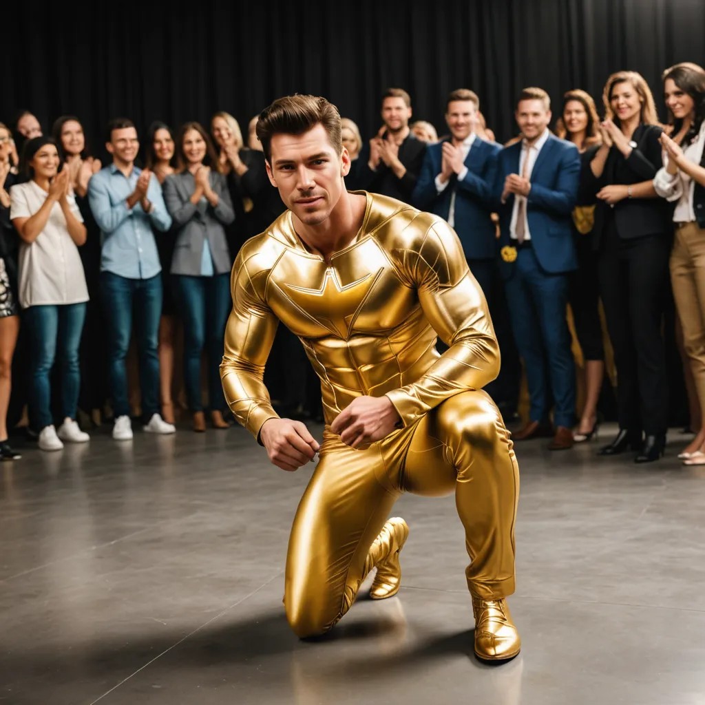 Converted Superhero in All Gold Being Honored Kneeling Down on One Knee image