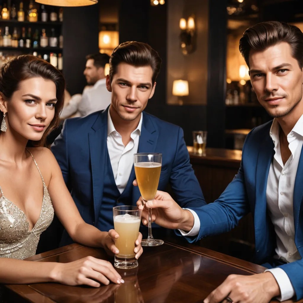 Three Handsome Men Sitting with Three Beautiful Ladies Having Drinks at the Bar Photo Style