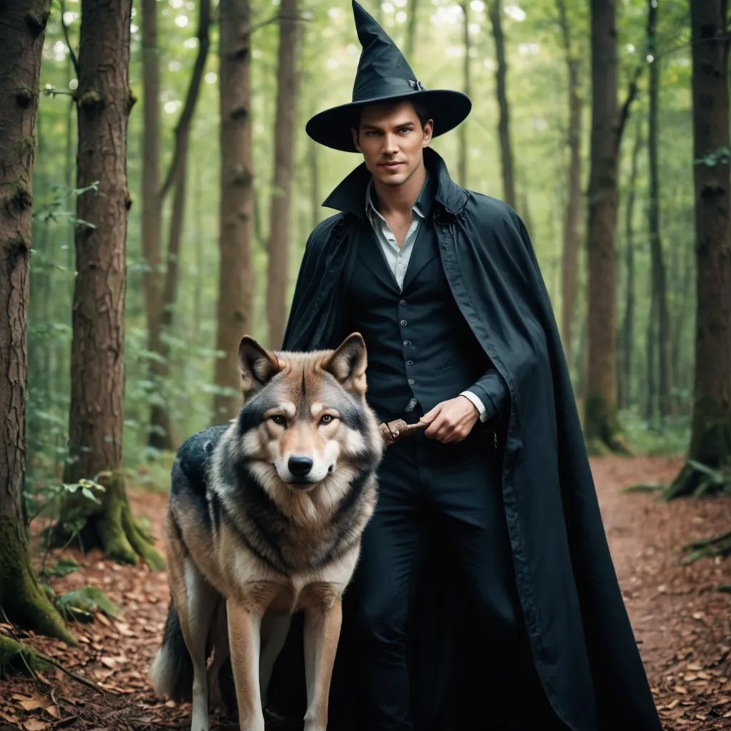 Witch and a Wolf in the Enchanted Forest Photo Style
