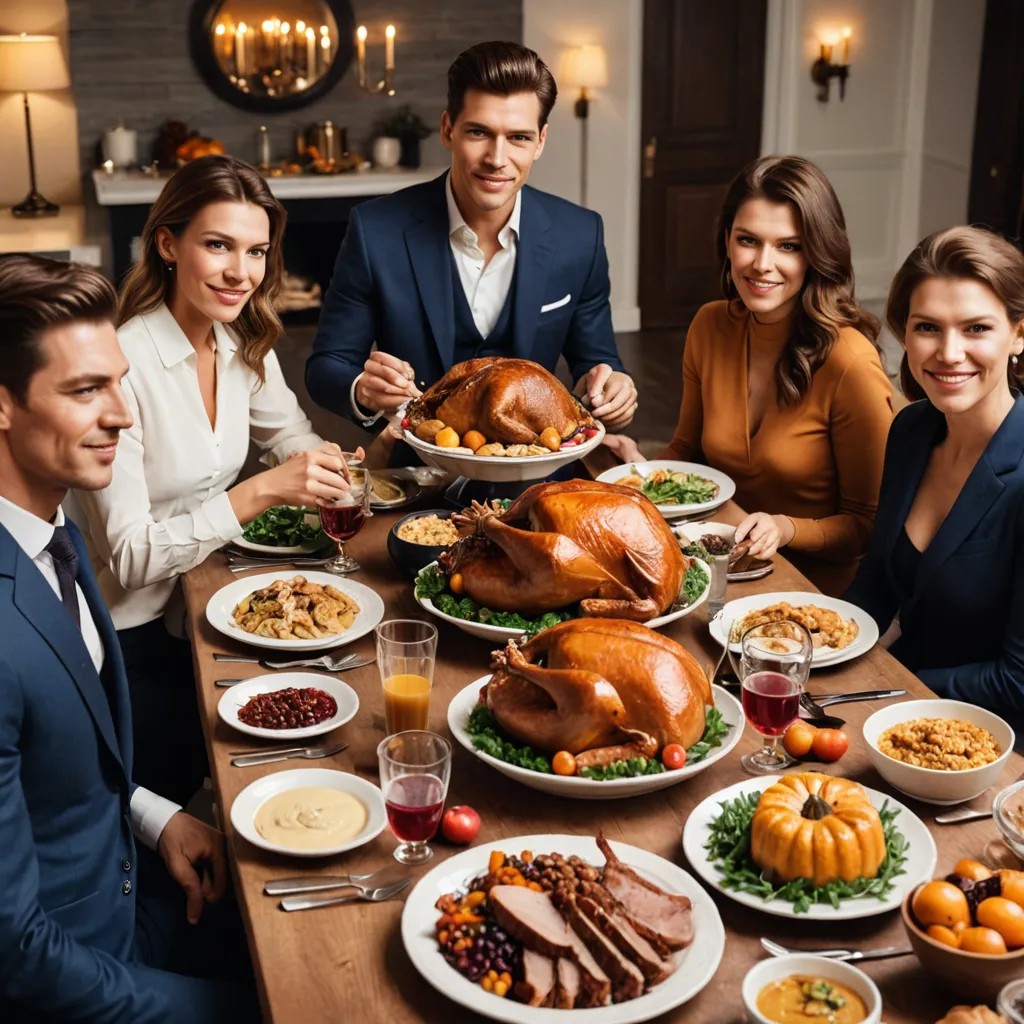 3 Beautiful Women and Handsome Men Sharing Thanksgiving Dinner Together Photo Style