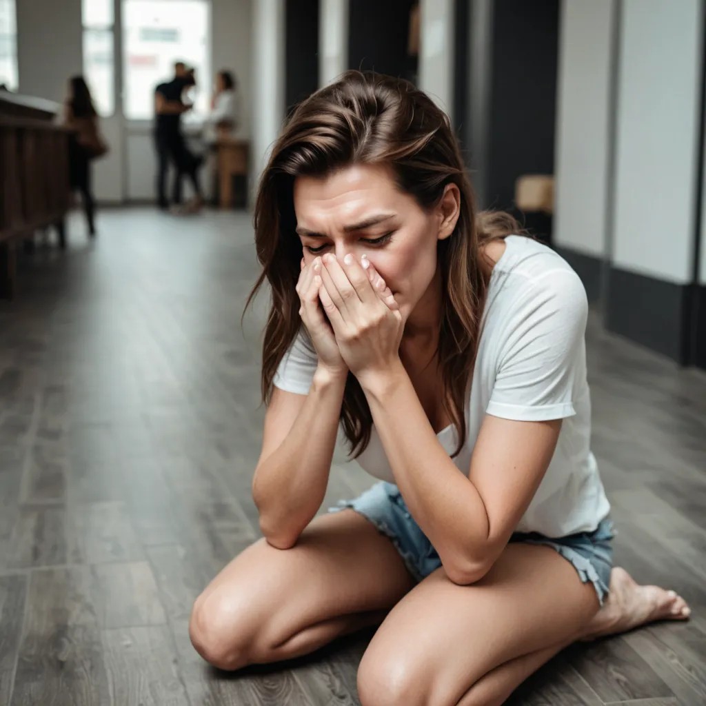 Beautiful Woman Falls to Her Knees, Face in Hands, Sobbing Photo Style