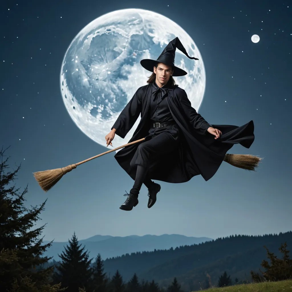 Dressed Up as a Witch and Flying in Front of a Large Full Moon on a Broom Photo Style