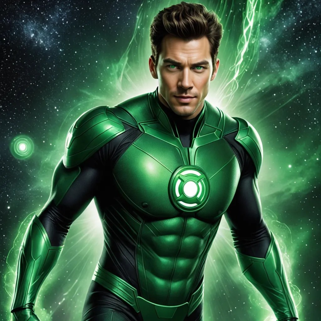 Green Lantern Flying Through Space, Glowing Green Eyes and Suit Photo Style