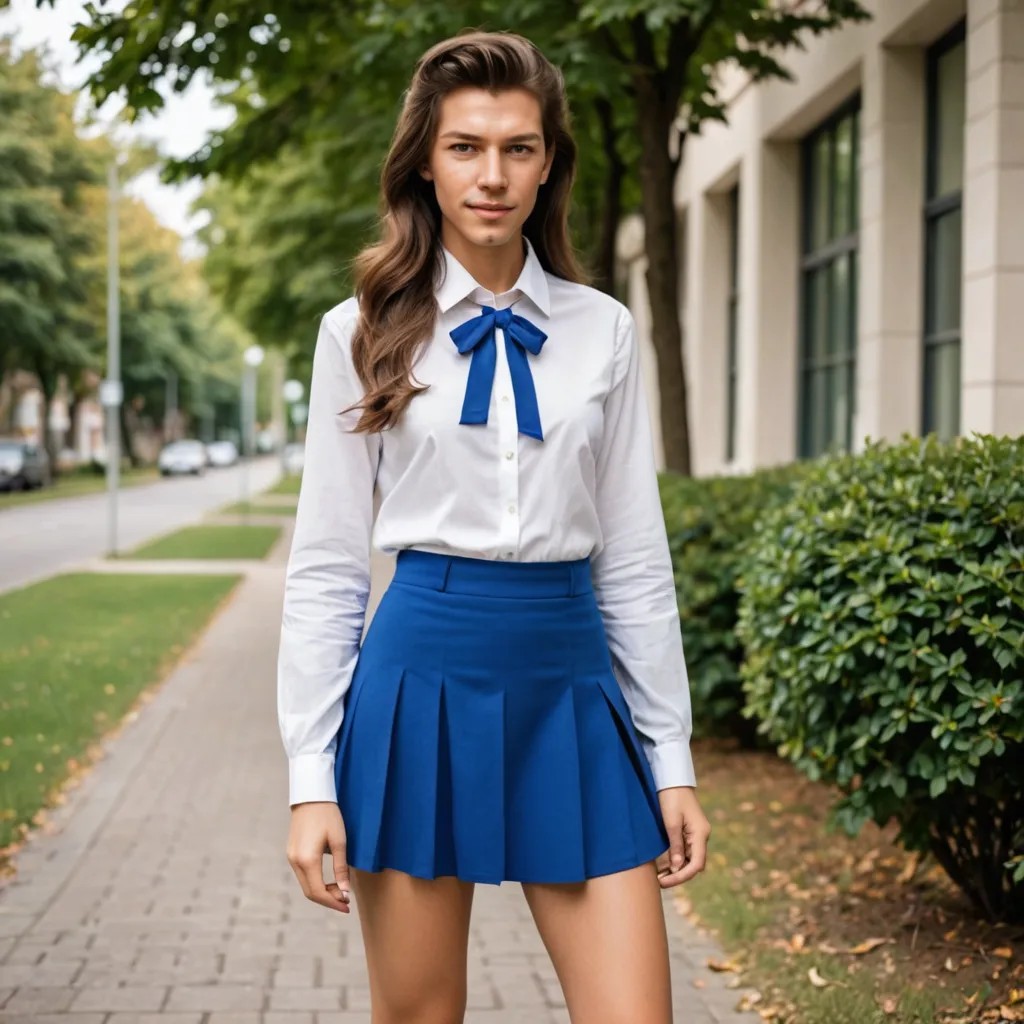 High School Girl Blue Skirt and White Blouse Photo Style