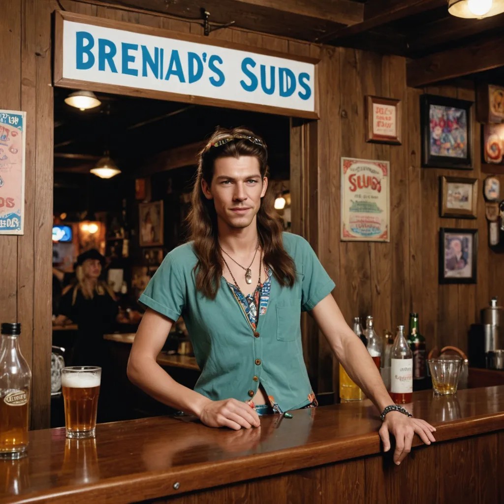 Hippie Bar Scene with a Sign Above the Bar That Reads Brenda’s Sew & Suds Photo Style